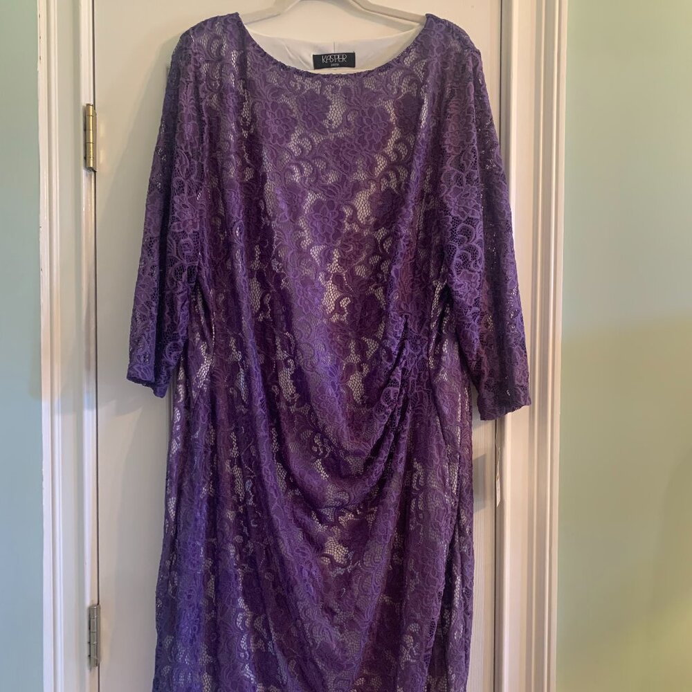Kasper Lace Overlay Purple Dress Knee Length 3/4 sleeves Size 3X NWT